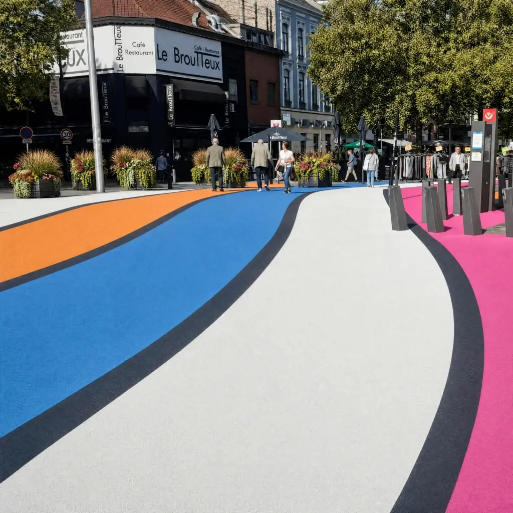 Rue piétonne moderne avec design actif coloré, bacs de fleurs luxuriants, zone d'ombre et mobilier urbain adapté aux PMR, piétons, cyclistes et vélo.