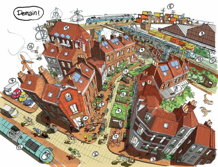 Illustration colorée de Vito montrant un quartier urbain transformé plan de mobilité active: rues piétonnes animées, jardins partagés en pied d'immeuble, trams modernes, éoliennes de toit et cyclistes aménagement PMR. Ambiance joyeuse et végétalisée.
