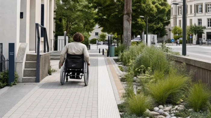 Vue de dos d'une personne en fauteuil roulant circulant sur un large trottoir pavé avec bandes de guidage podotactiles, bordé par un jardin de pluie végétalisé en centre-ville.