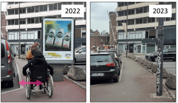 Comparaison avant-après d'un aménagement de trottoir : en 2022, un panneau publicitaire bloque le passage d'une personne en fauteuil roulant ; en 2023, l'espace est libéré pour une circulation fluide et inclusive.