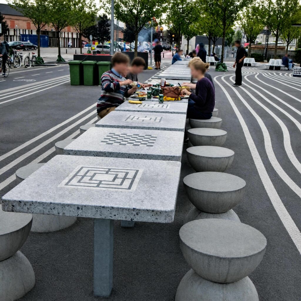 Superkilen Marché Noir, convivialité urbaine, tables de jeux, rencontre habitants, aménagement participatif